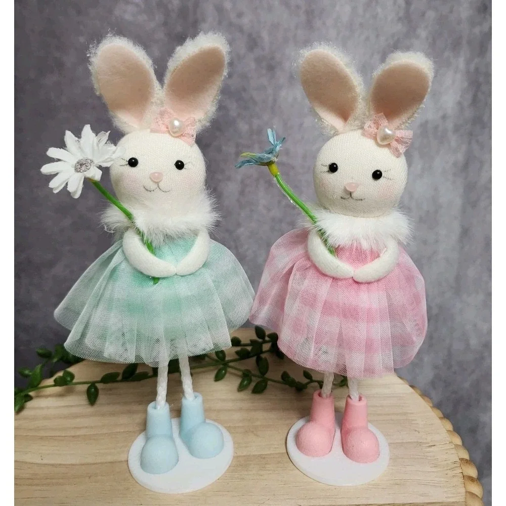 Easter Bunny Pink Green Tutu Dress Plush Figurines 2 Pc Rabbit Tabletop 7.5